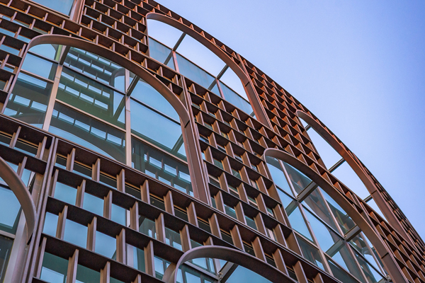 LSU Business Education Complex Rotunda exterior image with the decorative grate work surrounding the glass exterior