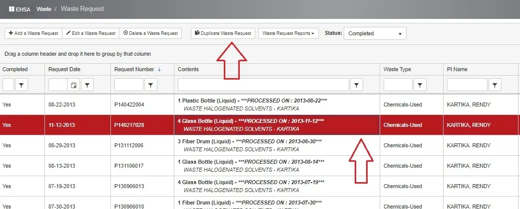 On the waste request page, arrow is point to the "Duplicate Waste Request" button.