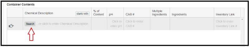 Container Contents screen, with an arrow pointed at the search tab.