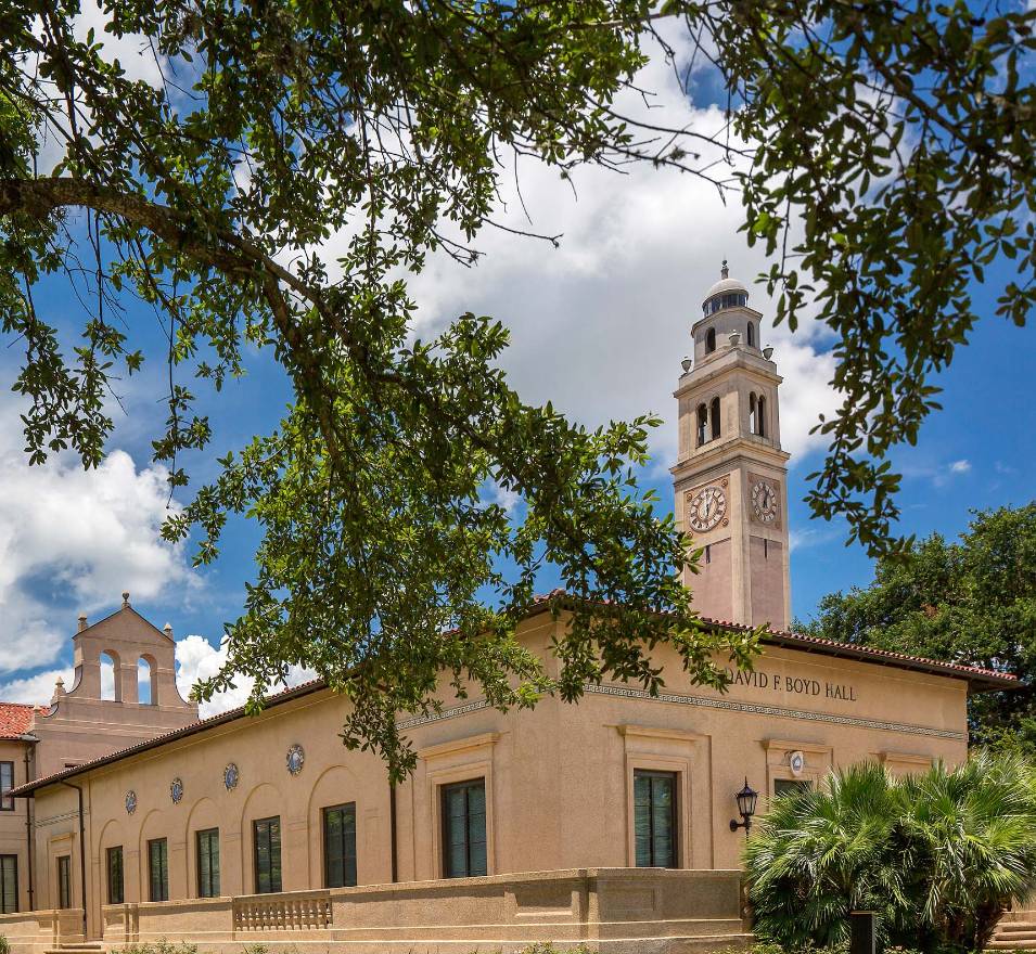 david boyd hall behind oak tree