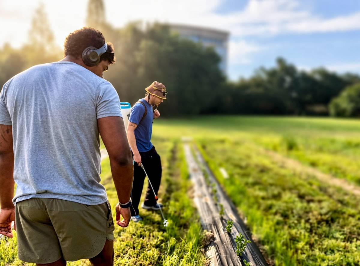 Two people planting plants at Hilltop