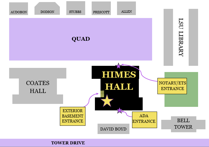 Image showing location of new entrance between Coates Hall and Himes Hall, showing Tower Drive and other main quad buildings.