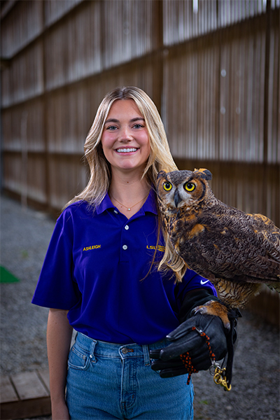 Ashleigh Godke with Great Horned owl