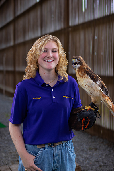 Emerson Lejong with red-tailed hawk